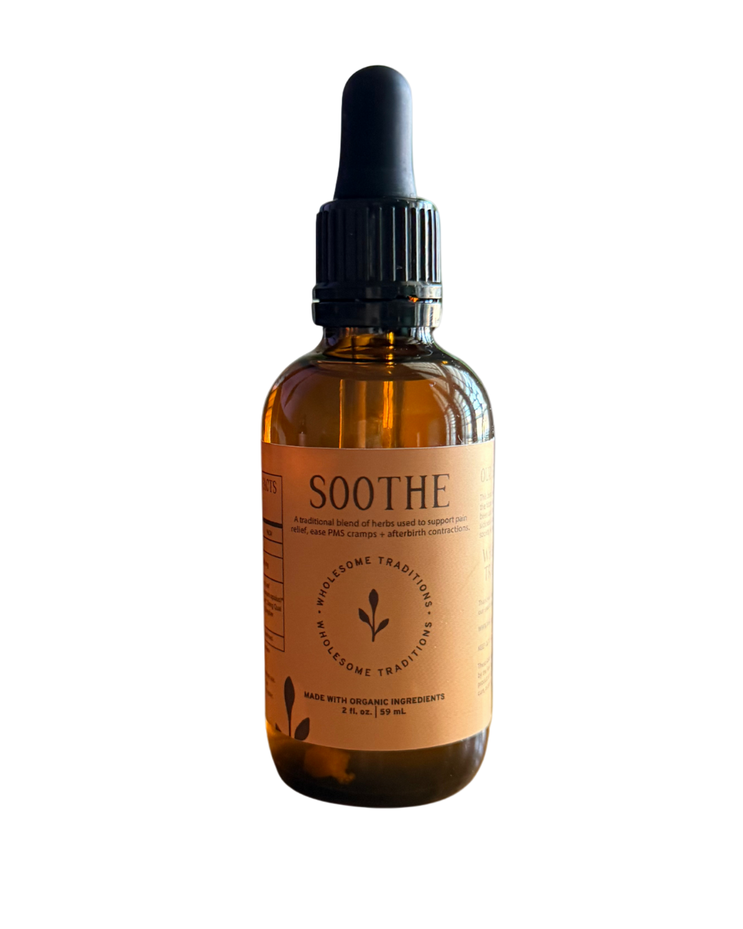 Bottle of 'Soothe' with a dropper on a white background